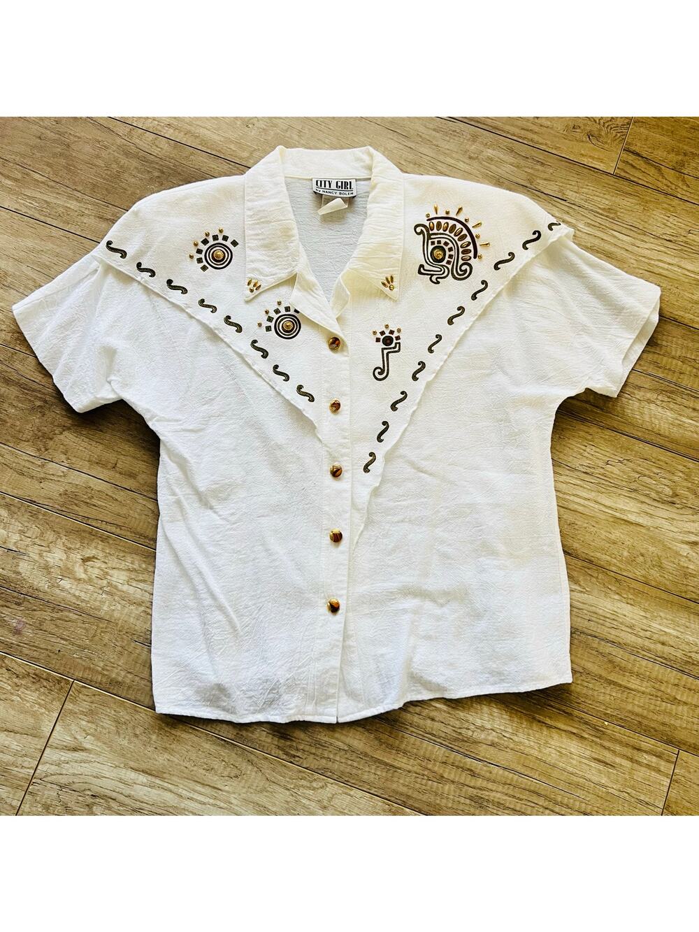 Vintage City Girl 80s 90s Rodeo Glam White Blinged Embellished Cotton Button 10
